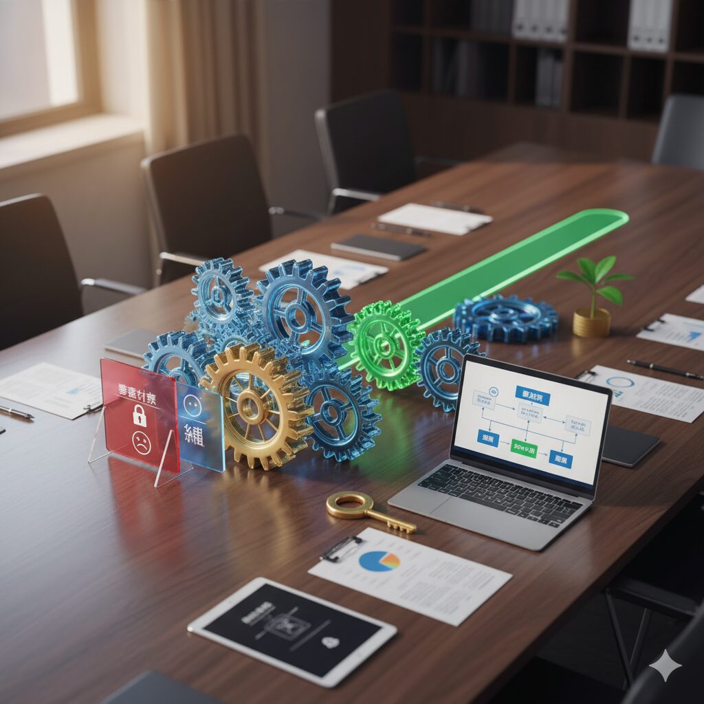 審査プロセスの複雑さと緩和策を象徴的に表現した会議室の机