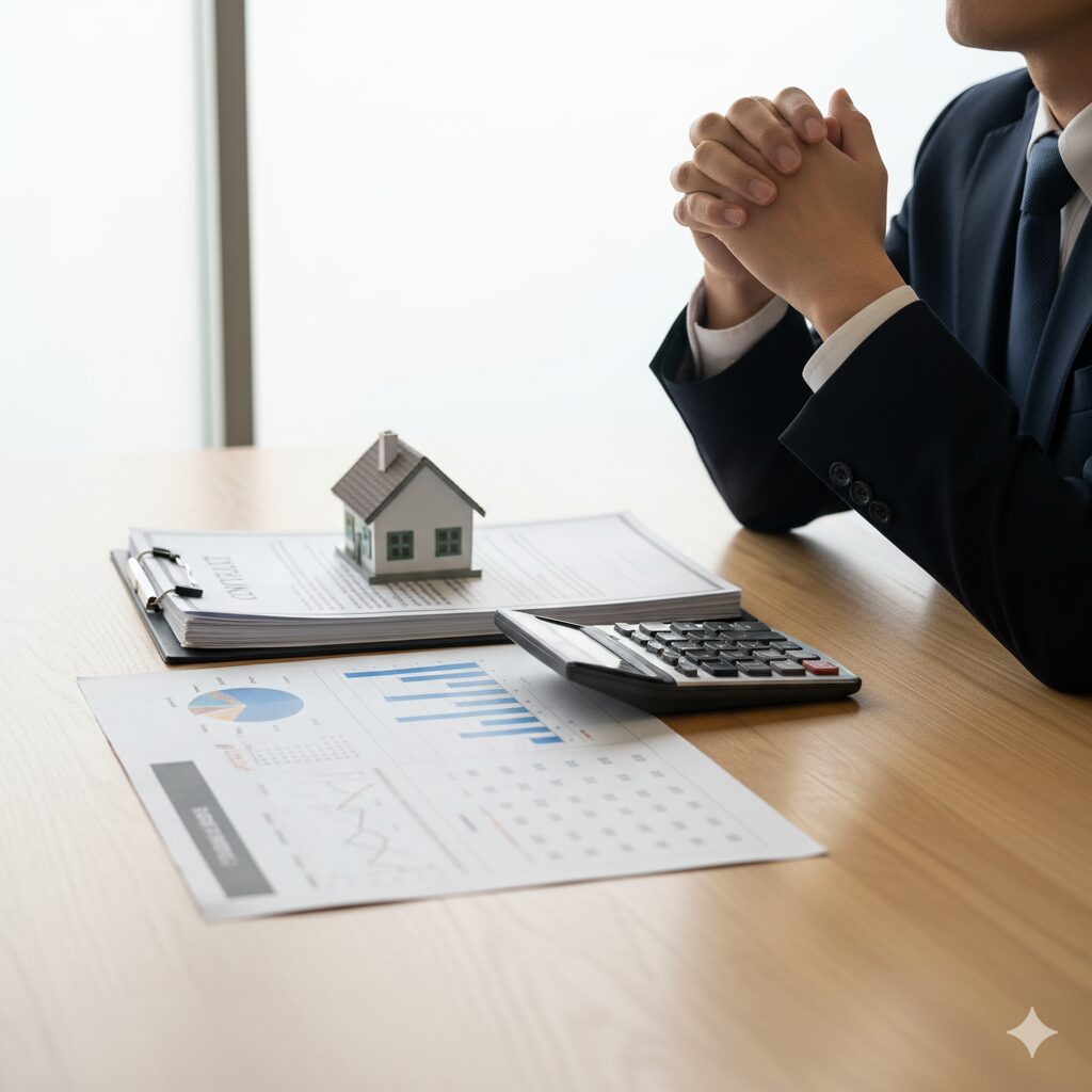 机の上に置かれた家の模型、カレンダー、電卓が不動産ローンの返済計画を象徴している。