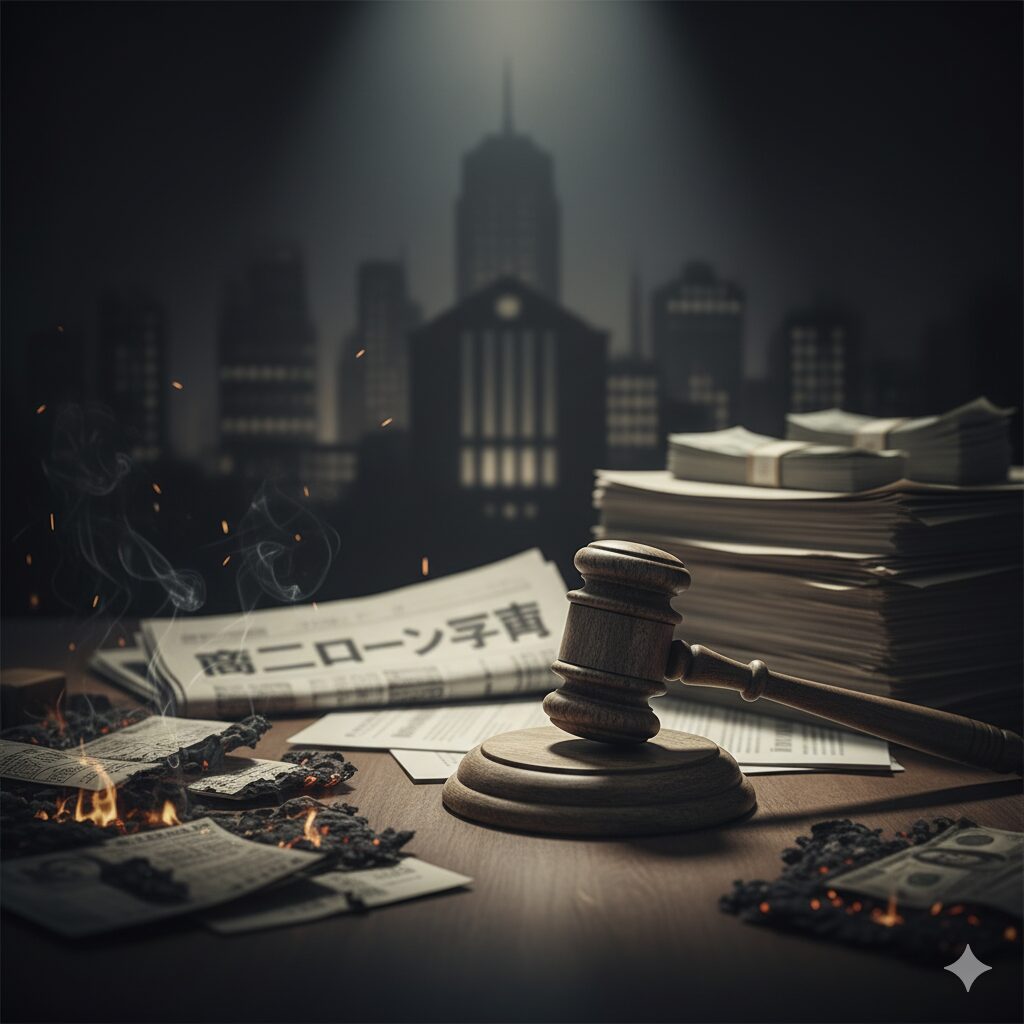 暗い背景に都市のシルエットが映るデスクの上で、燃えかける書類、木製の裁判官の木槌、新聞の束が置かれている。事件の不穏な雰囲気と法的影響を示唆する。