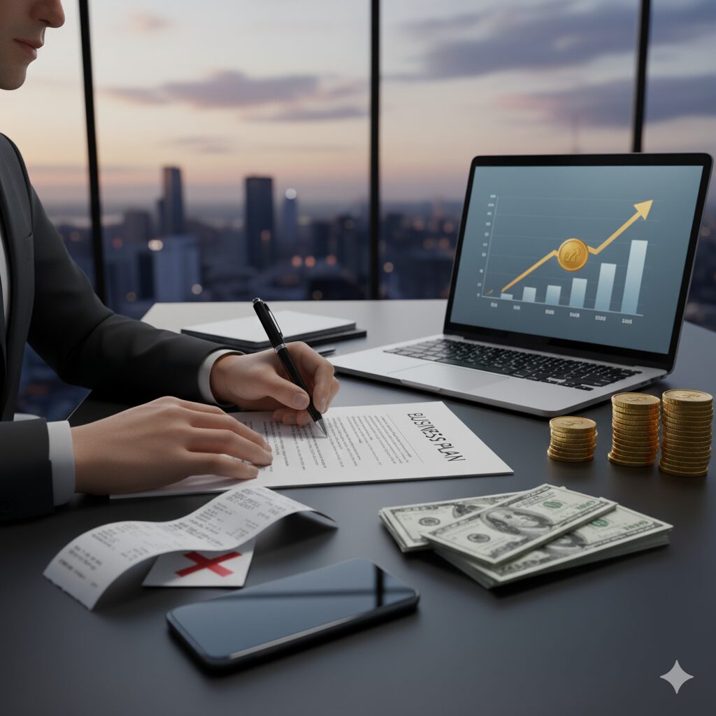 夕暮れのオフィスで、ビジネスマンが事業計画書に記入している。手元には借金を示すような領収書や紙幣が置かれ、ノートパソコンの画面には成長を示すグラフが表示されている。