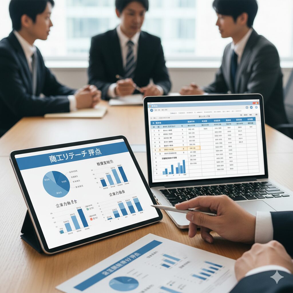 会議室のテーブルで、商工リサーチの評価項目とグラフが表示されたタブレットとノートPCを囲み、真剣に話し合う3人のビジネスパーソン