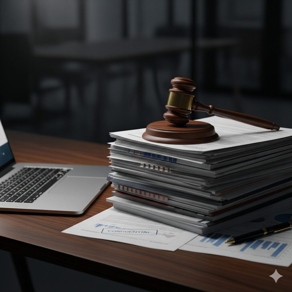 税金滞納による差し押さえを象徴する、オフィスの机と書類、そして木槌。