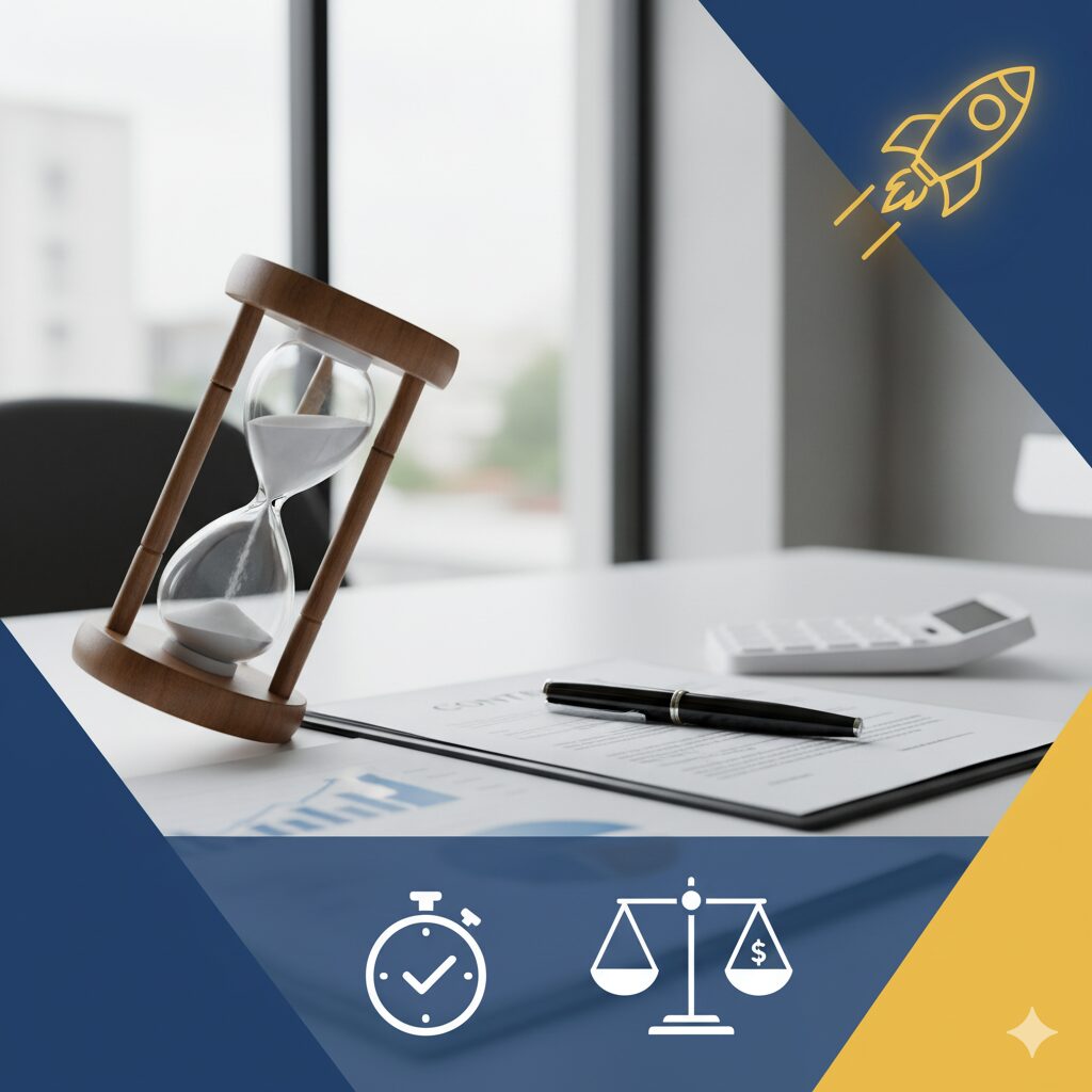 ファクタリングの迅速な審査と入金を象徴する砂時計、契約書、電卓が描かれた画像。資金調達のスピードと信頼性を視覚的に表現しています。
