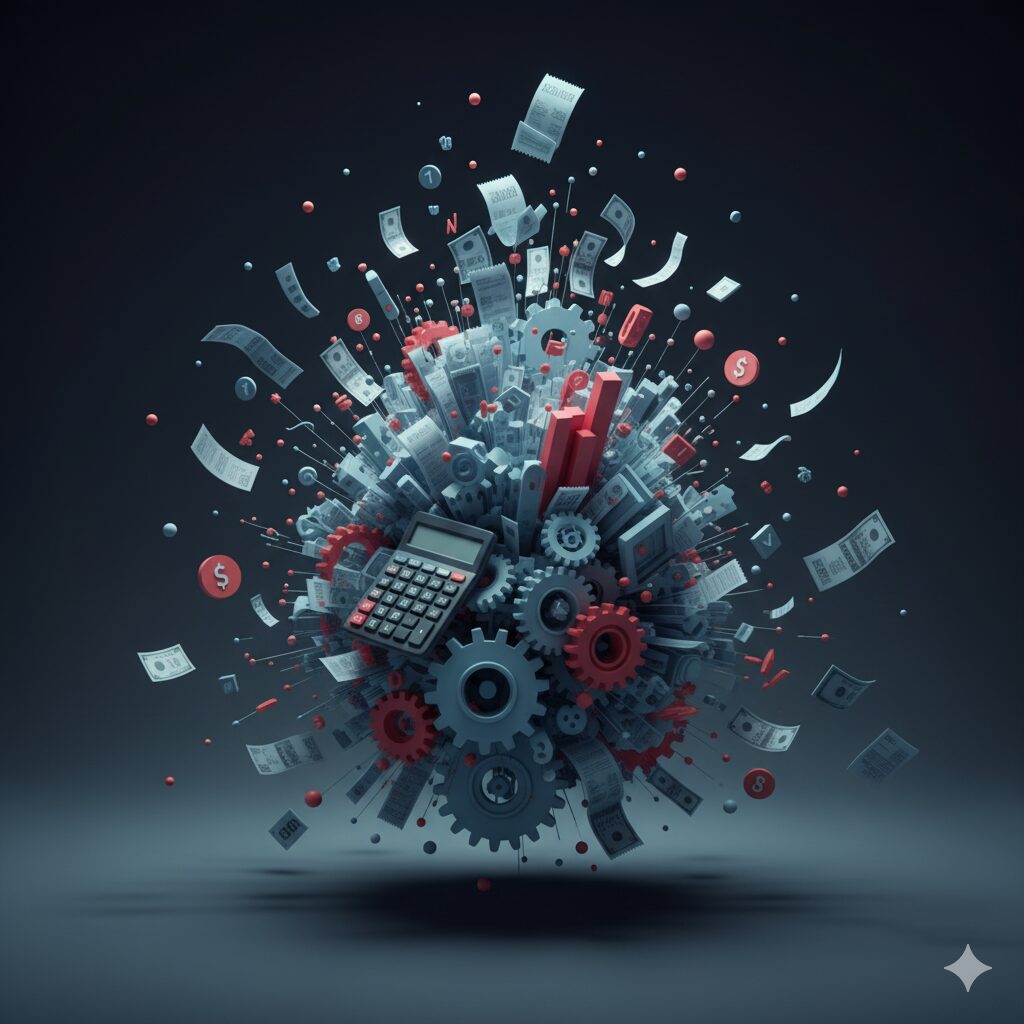 歯車、計算機、上昇する棒グラフ、ドル記号のコイン、紙幣、書類などが複雑に絡み合い、中心から爆発するように散らばる抽象的なオブジェクト。