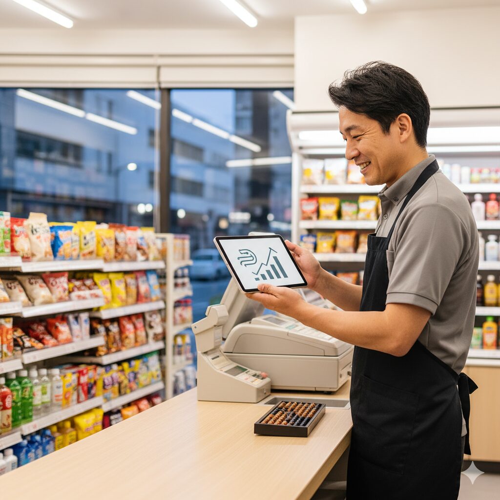 コンビニエンスストアのレジカウンターで、エプロンをつけた店主が笑顔でタブレットのグラフを見ている。タブレットには成長を示す矢印とグラフのアイコンが表示されている。