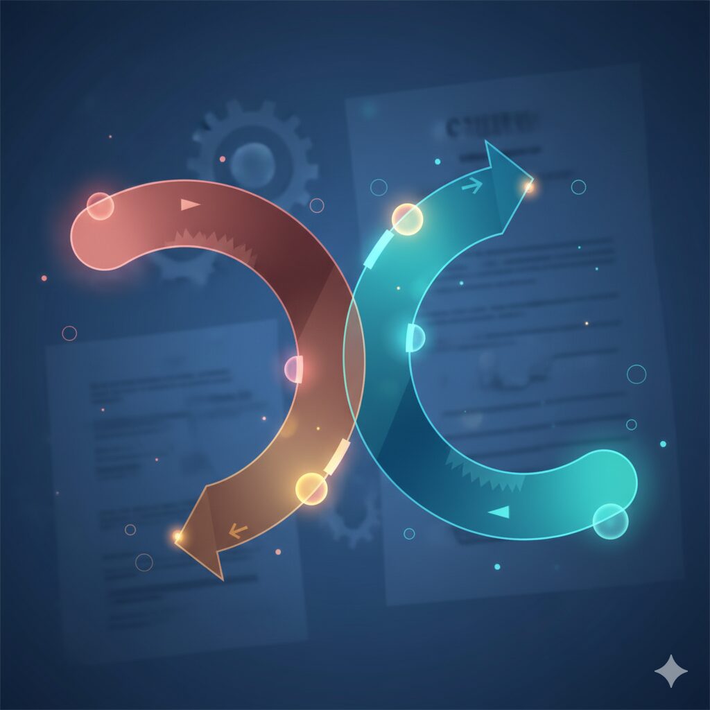 青とオレンジの二つの矢印が交差し、循環する様子を描いた抽象的なグラフィック。背景には契約書のような書類がぼんやりと写り、リファイナンスのプロセスを象徴している。