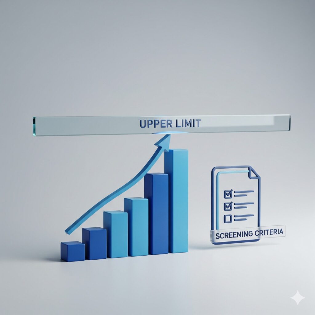 ビジネスローンの上限額を示すグラフと審査基準を象徴する書類のアイコン。資金調達の限度額が決まる要因を表現。