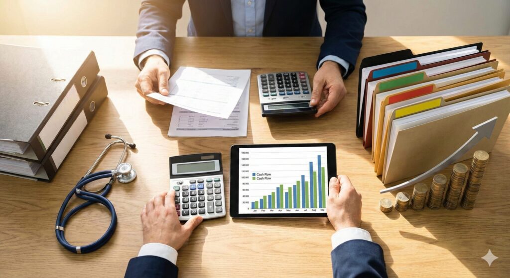 積み上げられた硬貨と複数のファイルが、介護事業における資金調達の検討とサービスの選択を示唆