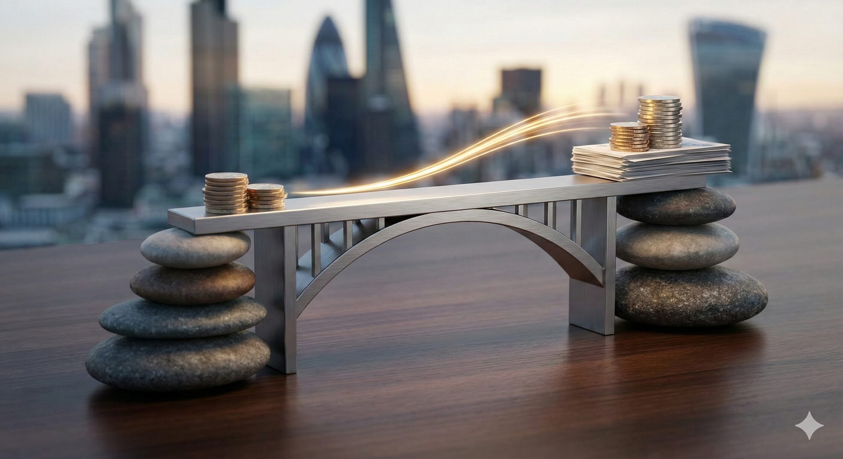 橋の上にはコインと書類が置かれ、資金が移動する様子を示す光の軌跡が描かれている。