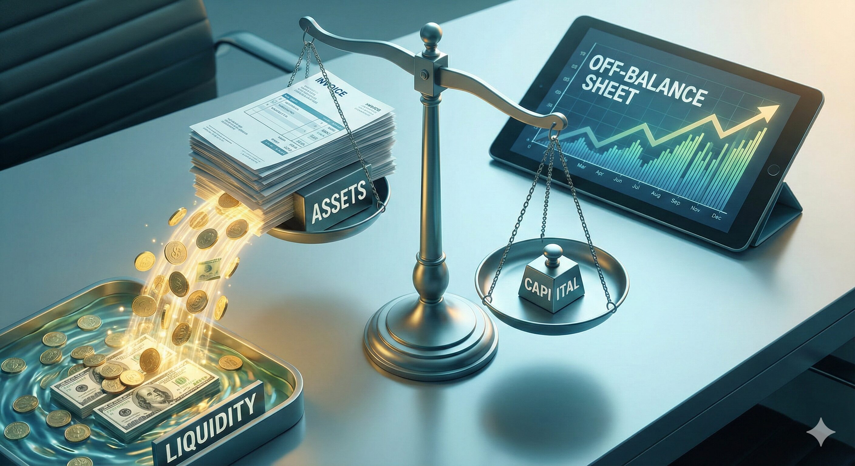 タブレットには「OFF-BALANCE SHEET」の文字と上昇する財務グラフが表示され、債権流動化による財務改善効果を象徴する概念図。