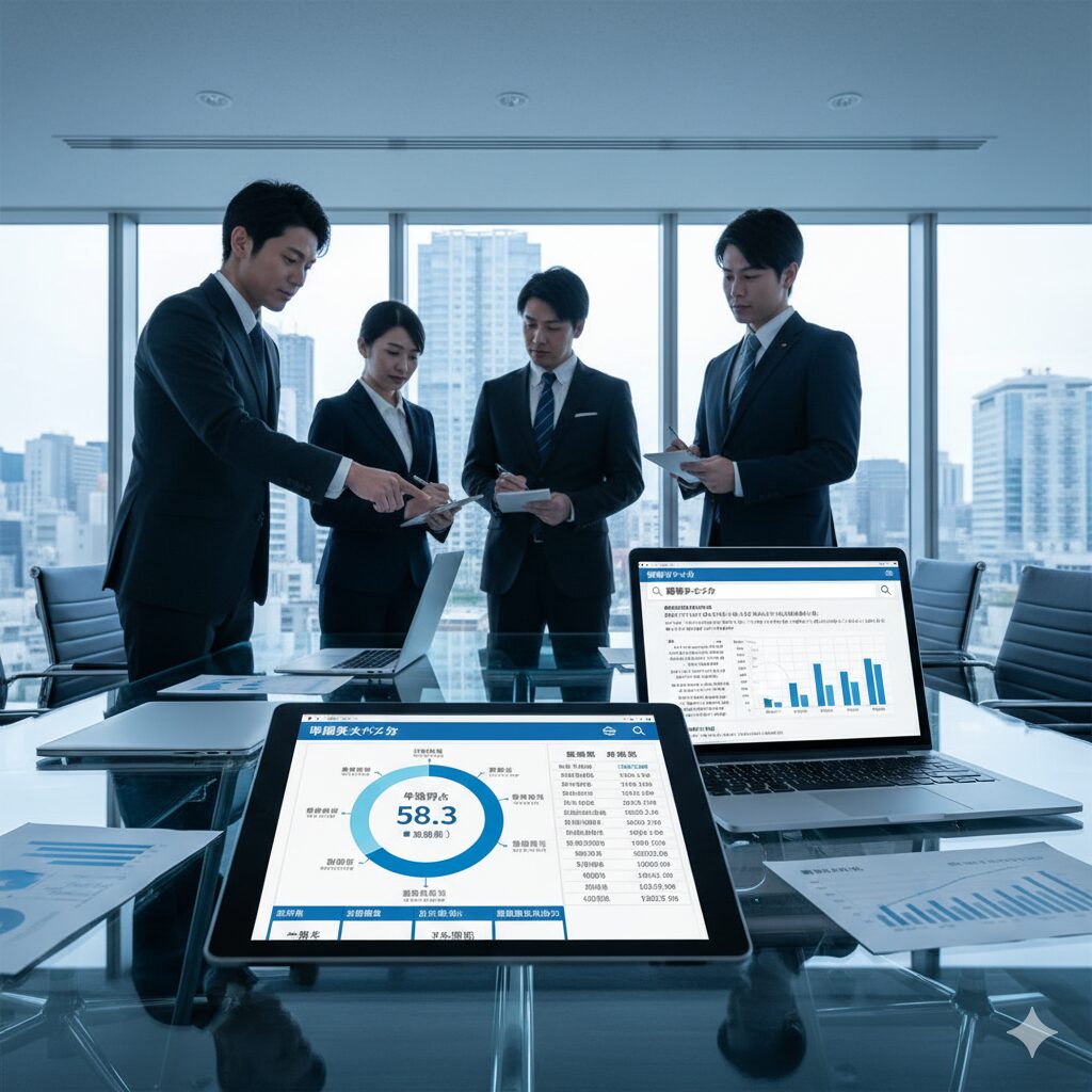 高層ビルのオフィスで、ノートPCとタブレットに表示された企業評価のデータやグラフを囲み、真剣な表情で議論する4人のビジネスパーソン。
