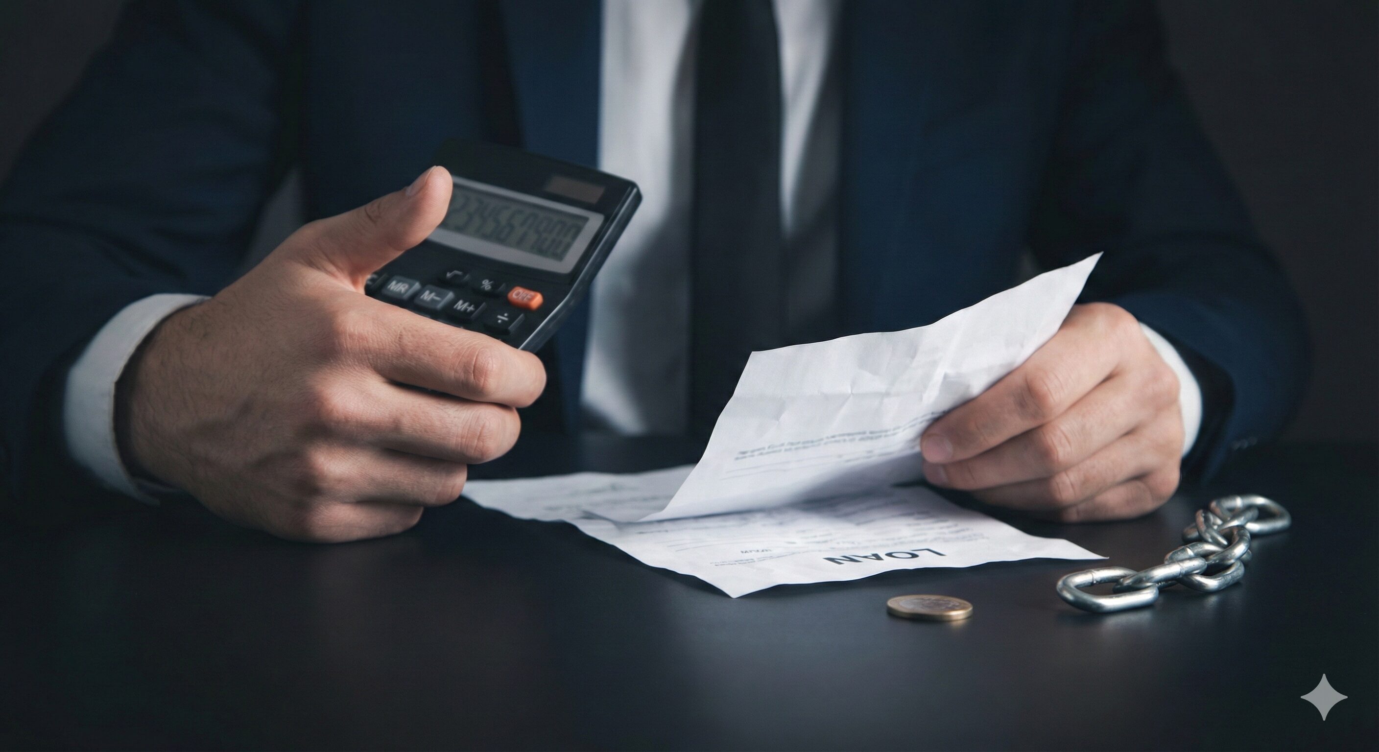 暗い机の上で、電卓とローン書類を持つスーツ姿の男性。鎖と小銭が置かれ、ヤミ金による借金地獄や返済の苦悩、危険性を象徴する写真