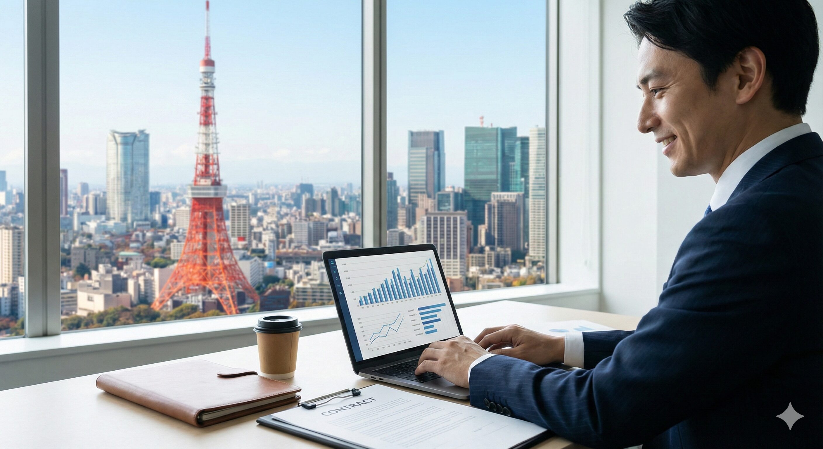 東京でおすすめのファクタリング業者12選！タブレットや書類で右肩上がりのグラフ（資金調達の成功を暗示）を確認している様子。