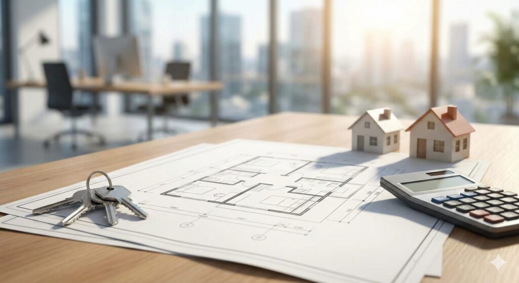 オフィスデスクに広げられた建築図面、鍵の束、電卓、そして2つの小さな家の模型。借地でのアパート経営計画を象徴する