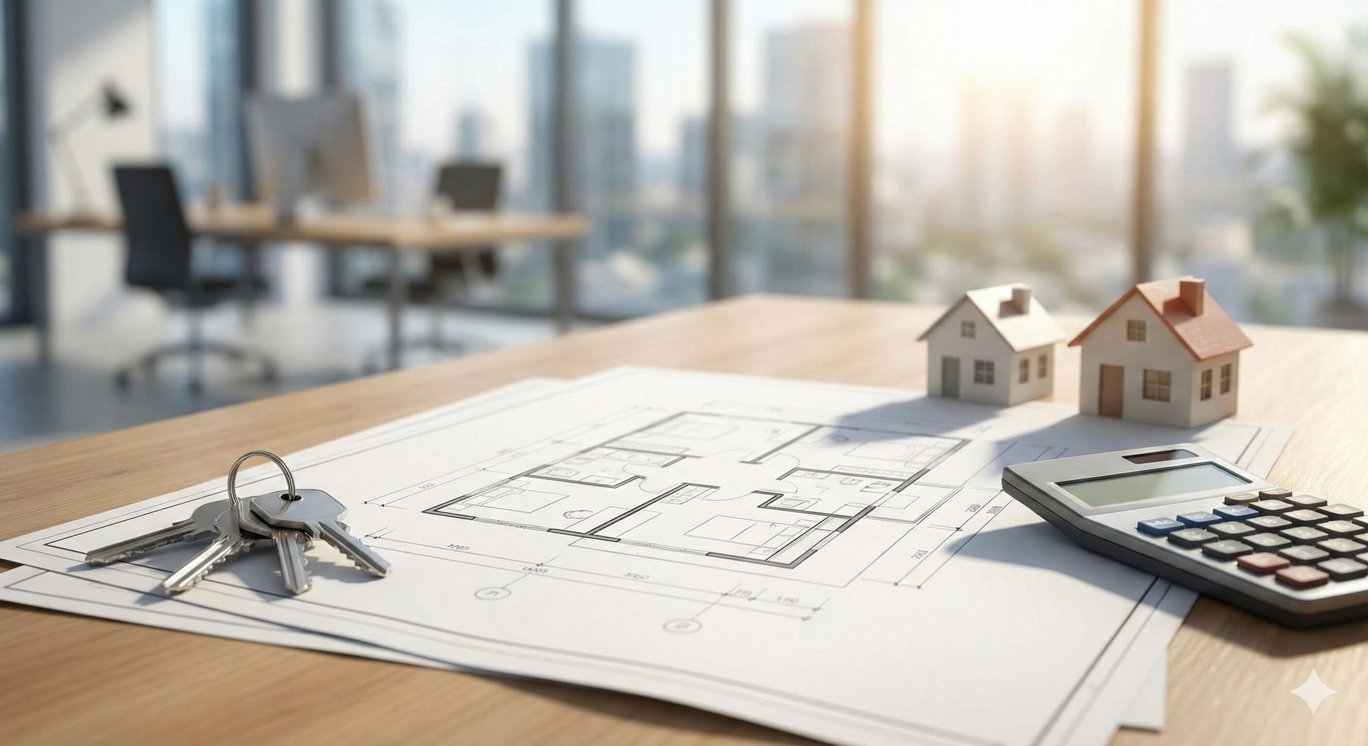 オフィスデスクに広げられた建築図面、鍵の束、電卓、そして2つの小さな家の模型。借地でのアパート経営計画を象徴する