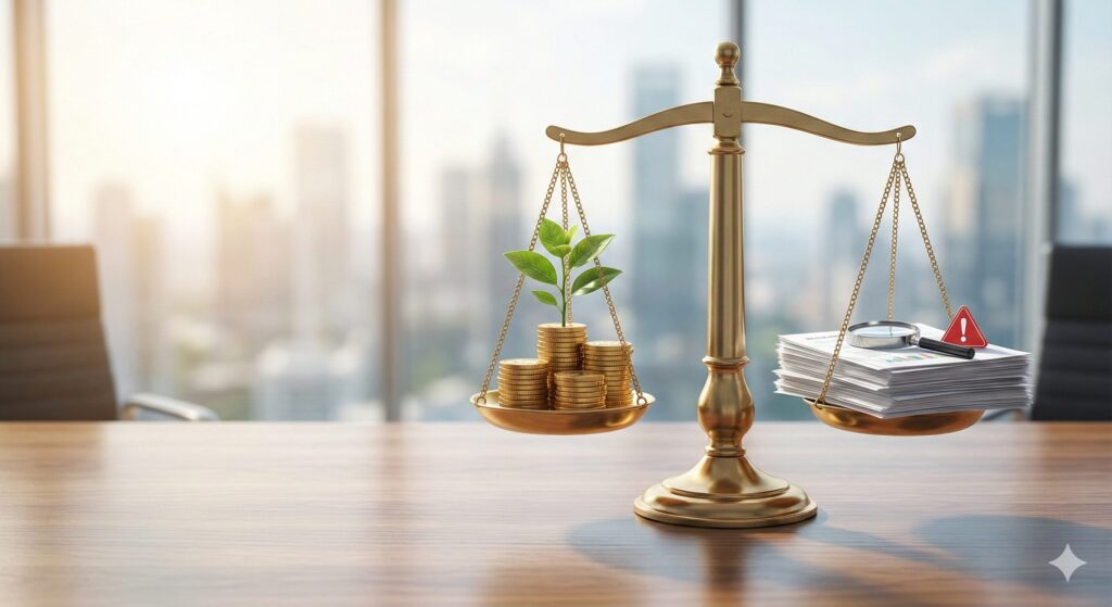 オフィスのデスク上で、金貨と植物が乗った天秤の片側と、書類と虫眼鏡、注意アイコンが乗ったもう片側が釣り合っている様子