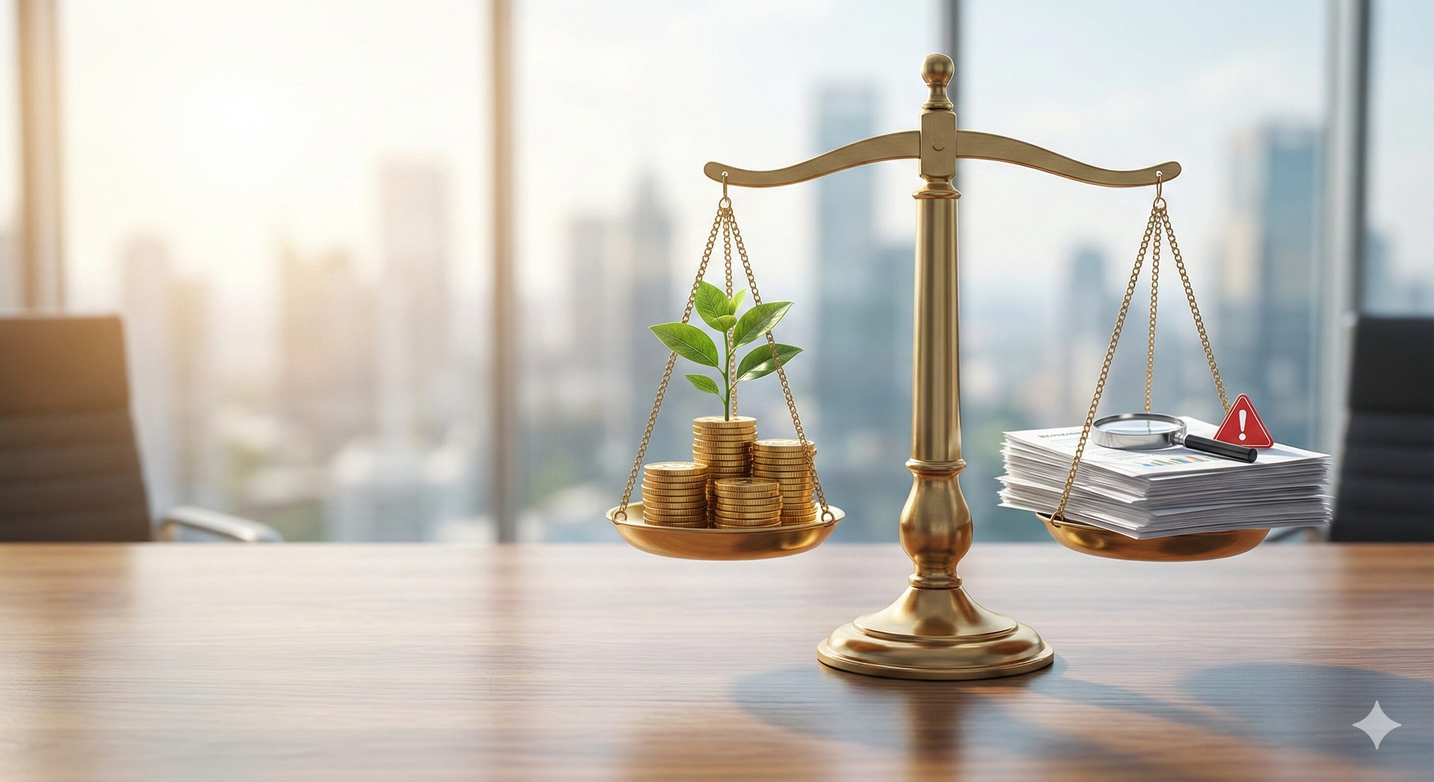 オフィスのデスク上で、金貨と植物が乗った天秤の片側と、書類と虫眼鏡、注意アイコンが乗ったもう片側が釣り合っている様子