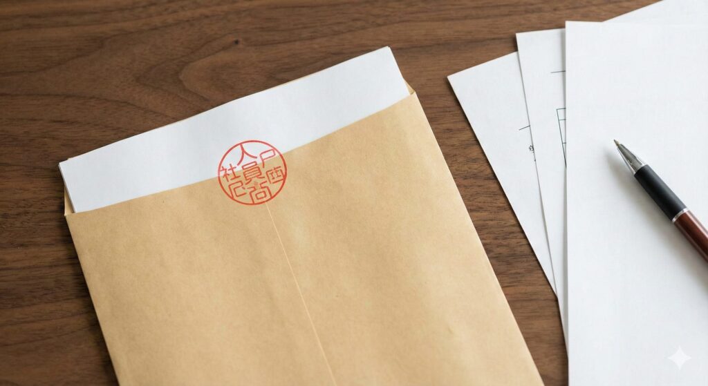 木製デスクの上に置かれた、赤色の「内容証明」印が押印された書類が入った茶封筒と、その横にあるペンと他の書類のクローズアップ写真。