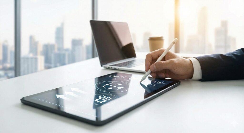 タブレット画面上の天秤や上昇矢印のアイコンをスタイラスペンで操作し、オンラインファクタリングのメリットとデメリットを比較検討するビジネスパーソンの手元