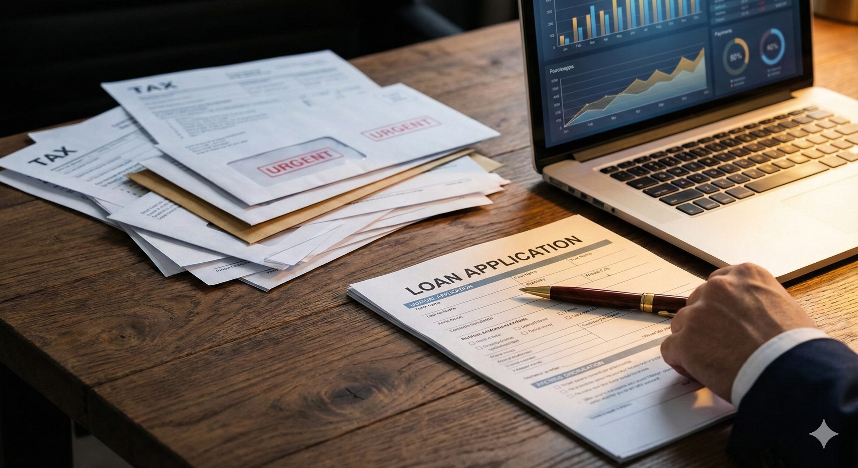 デスクの上で融資申込書に記入しようとするビジネスマンの手、隣には税金滞納の通知書と緊急の封筒が積まれている。