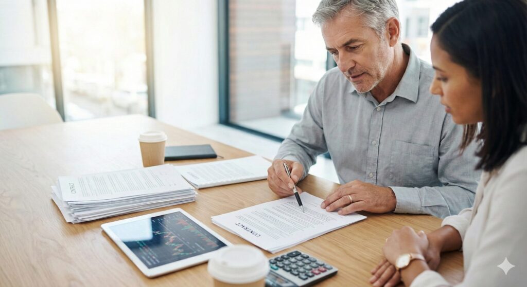 相続税・贈与税の納税猶予の条件や注意点について相談する税理士とクライアントの様子