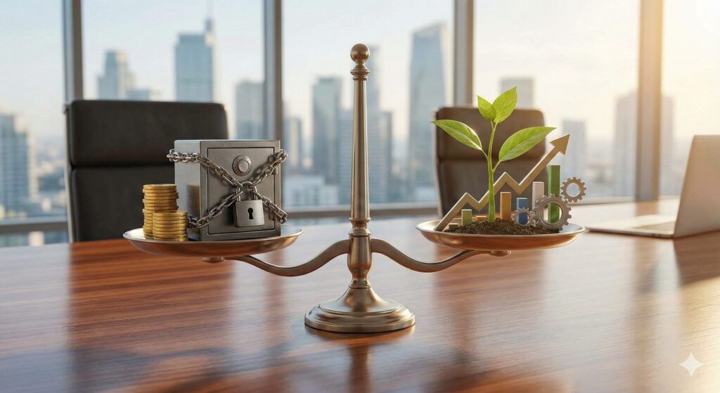 オフィスデスクの天秤の左側にコインと鍵付き金庫、右側に成長する植物と上昇グラフを載せた3D写真