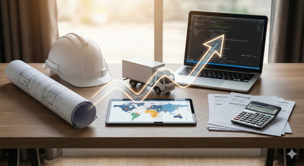 建設用ヘルメット、物流トラック模型、ノートPC、請求書が置かれた机の上を、右肩上がりの光る矢印が横切る様子