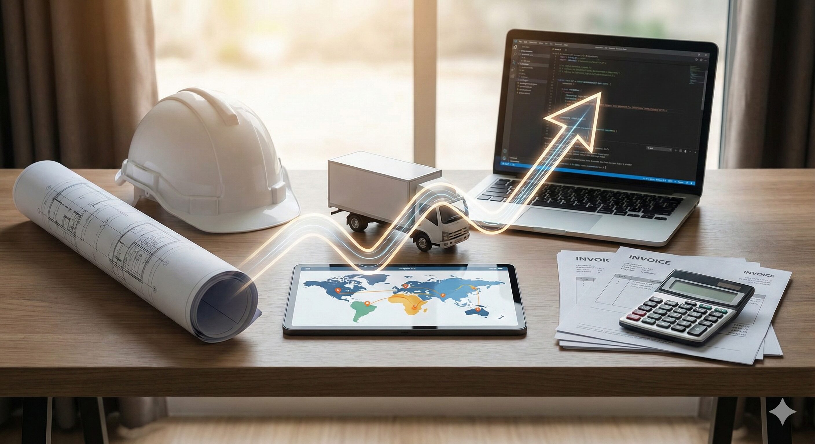 建設用ヘルメット、物流トラック模型、ノートPC、請求書が置かれた机の上を、右肩上がりの光る矢印が横切る様子