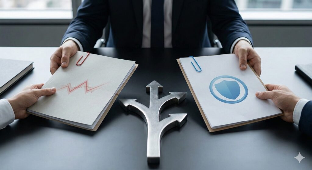 ウィズリコースとノンリコースの比較を示唆する、リスクと安全のアイコン付き書類を持つ人物と分岐点