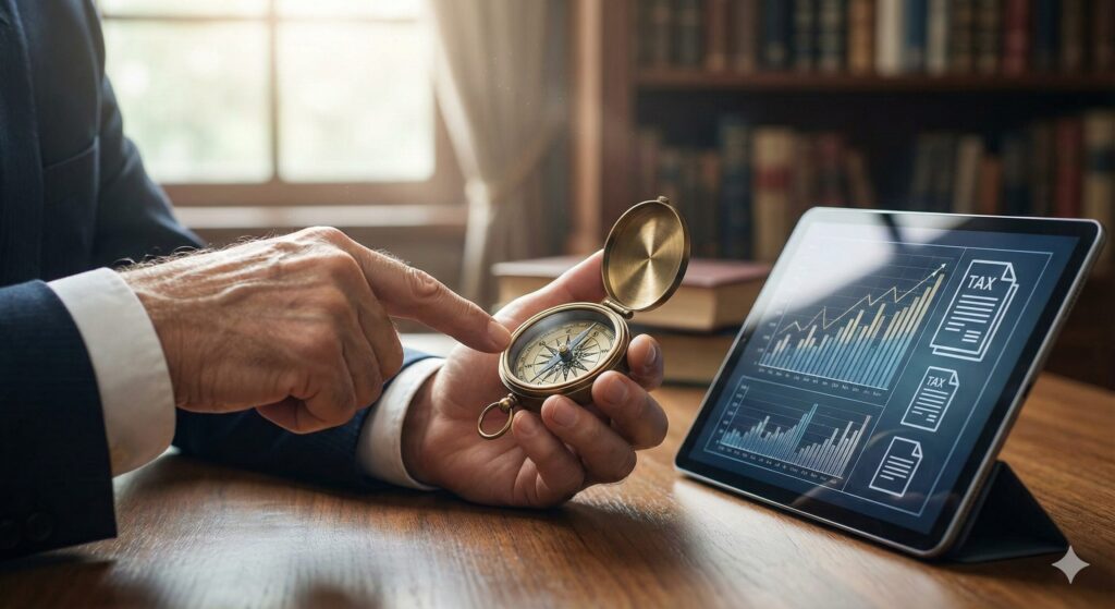 事業承継の方向性を示すコンパスを指差す男性の手と、税制に関するグラフが表示されたタブレット