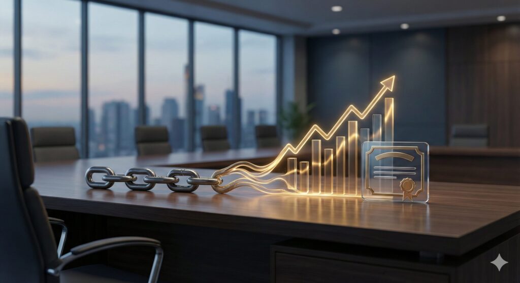 会議室の机上で、金属製の鎖が光るエネルギーとなり、上昇する棒グラフと株式証書に変化する様子を描いた写実的な3Dレンダリング画像