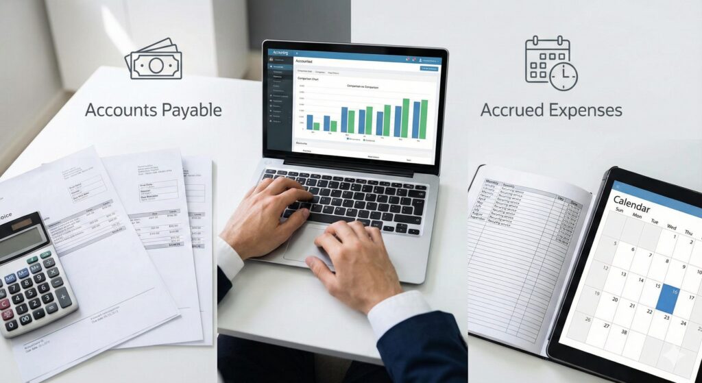 未払金と未払い費用の違いを比較するビジネスマン。左側には請求書と電卓、右側にはカレンダーと手帳が配置され、中央のノートPCで会計データを分析している様子。