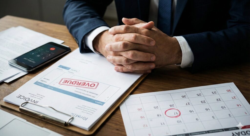 支払い期限が過ぎたことを示す「OVERDUE」スタンプが押された書類とカレンダーを前に、不安そうに手を組む人物の手元