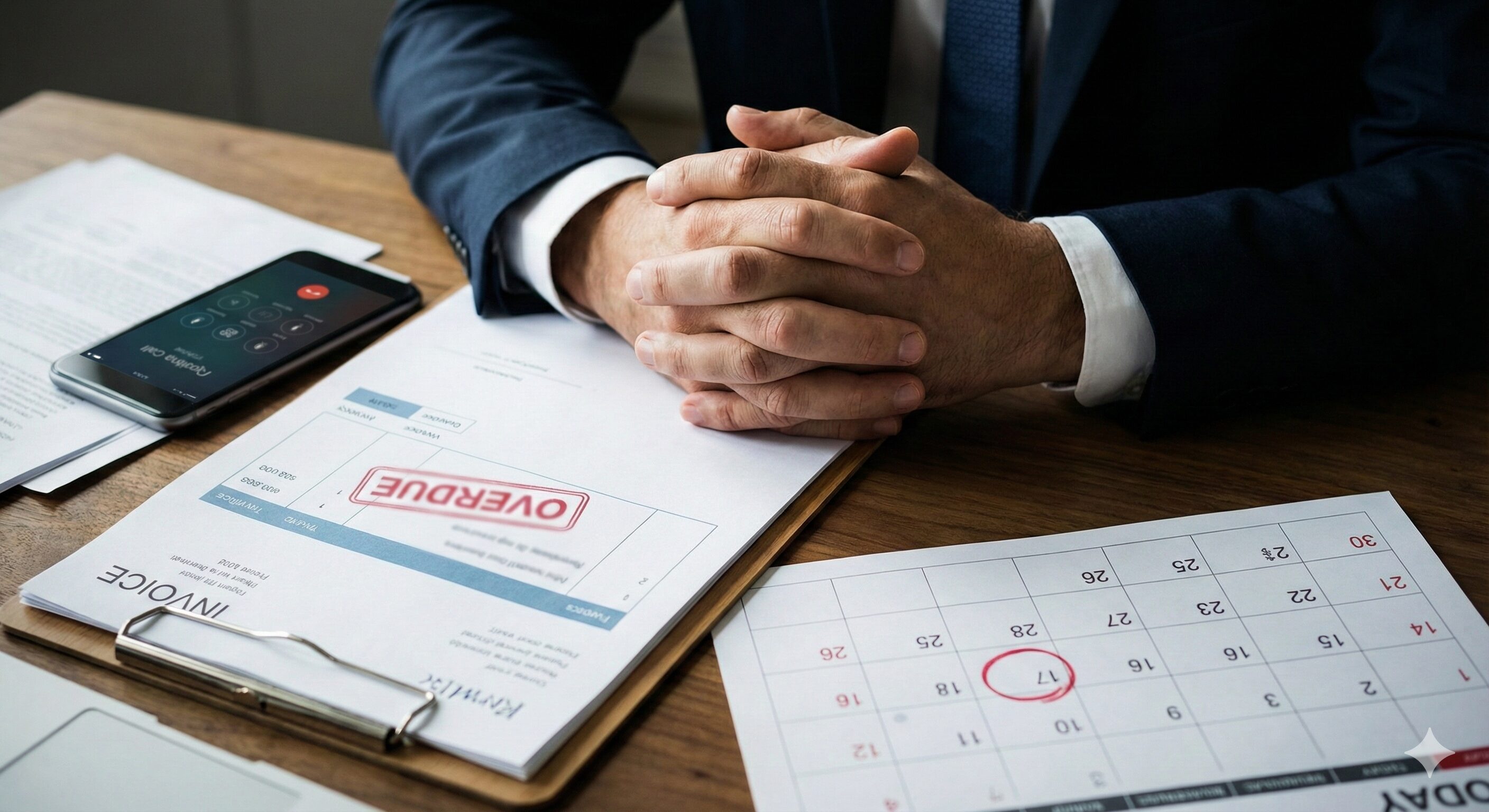 支払い期限が過ぎたことを示す「OVERDUE」スタンプが押された書類とカレンダーを前に、不安そうに手を組む人物の手元