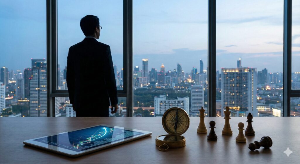 都市の夜景を見下ろすビジネスマンと、手前のデスクにあるチェスや上昇グラフのタブレットが、戦略的な資金調達と将来への展望を象徴している写真。