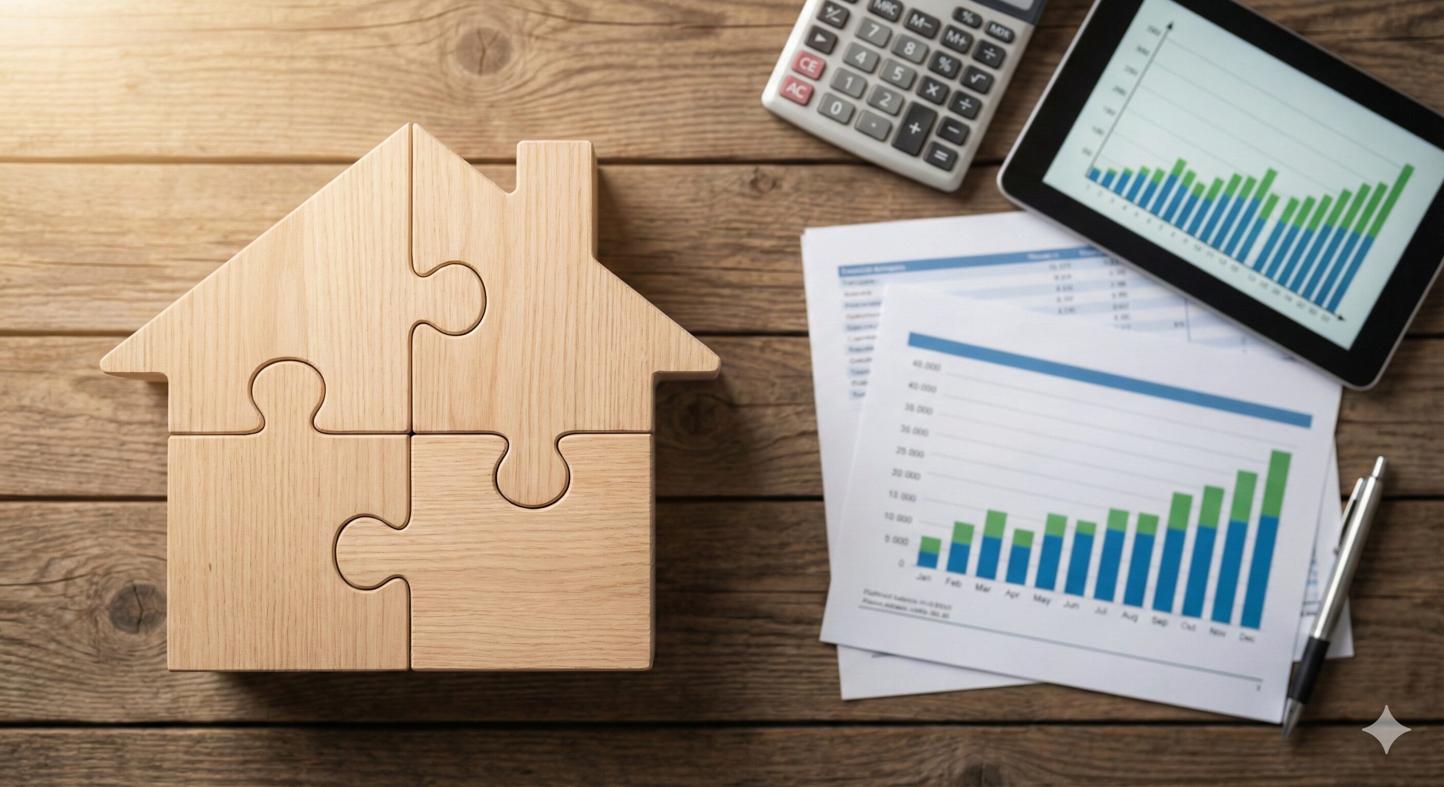 木製の家のパズルと、遺産分割の計画を示すグラフや計算機が机の上に置かれた様子。