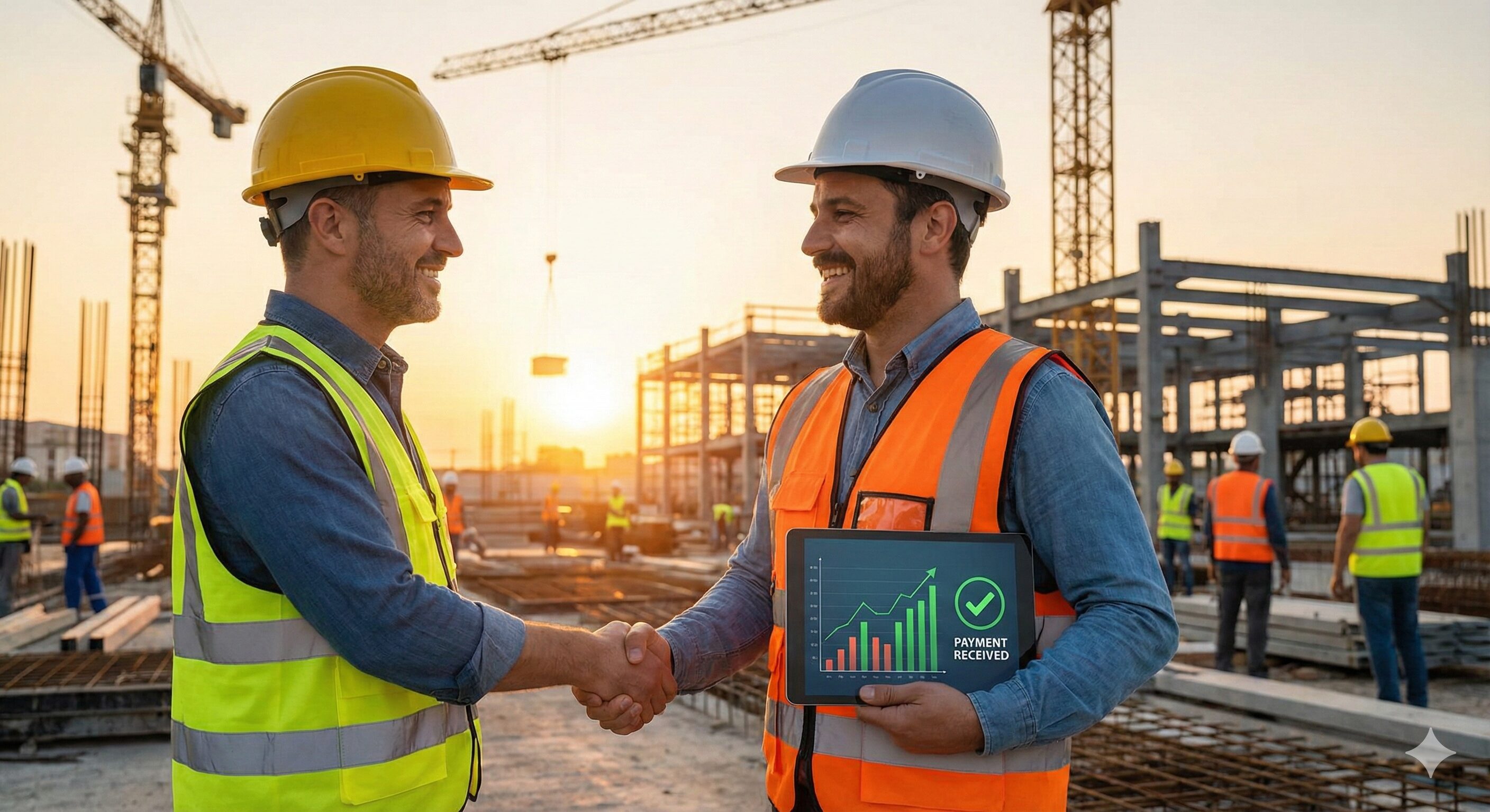夕暮れの建設現場で笑顔で握手する二人の作業員。一人が持つタブレットには、ファクタリングによる資金調達成功を示す上昇グラフと入金完了の文字が表示されている。