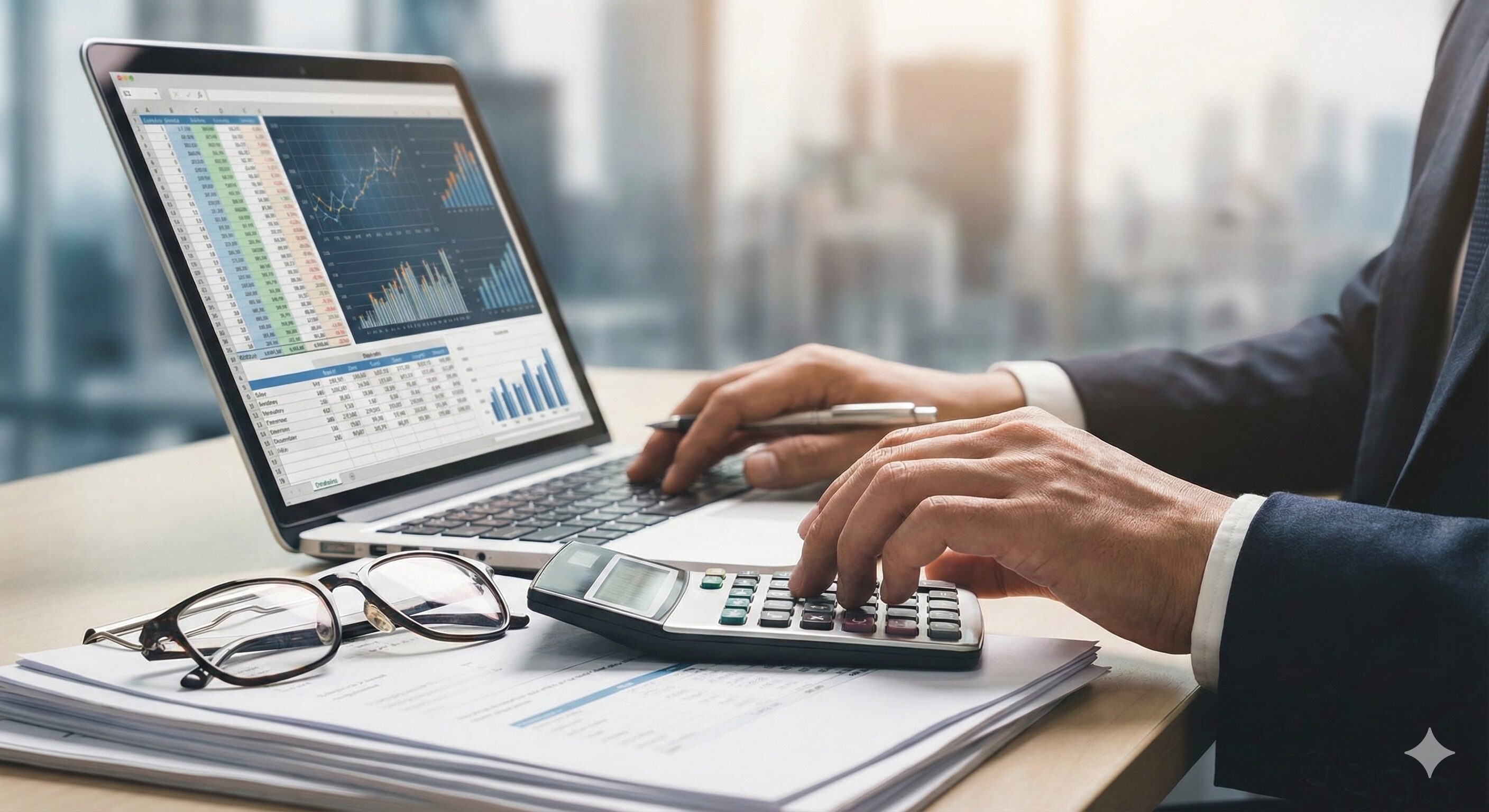 ノートPCの複雑な計算表とグラフを見ながら、電卓を使って会計処理の計算をしている様子