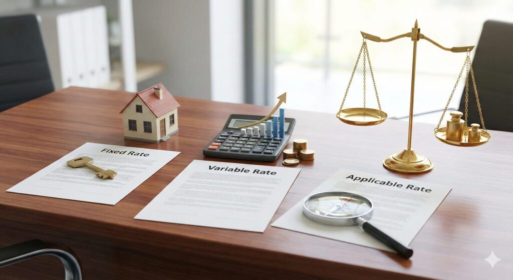 住宅ローンの金利タイプである固定金利、変動金利、適用金利を示す書類と、計算機、天秤、家の模型が置かれたデスクの様子。