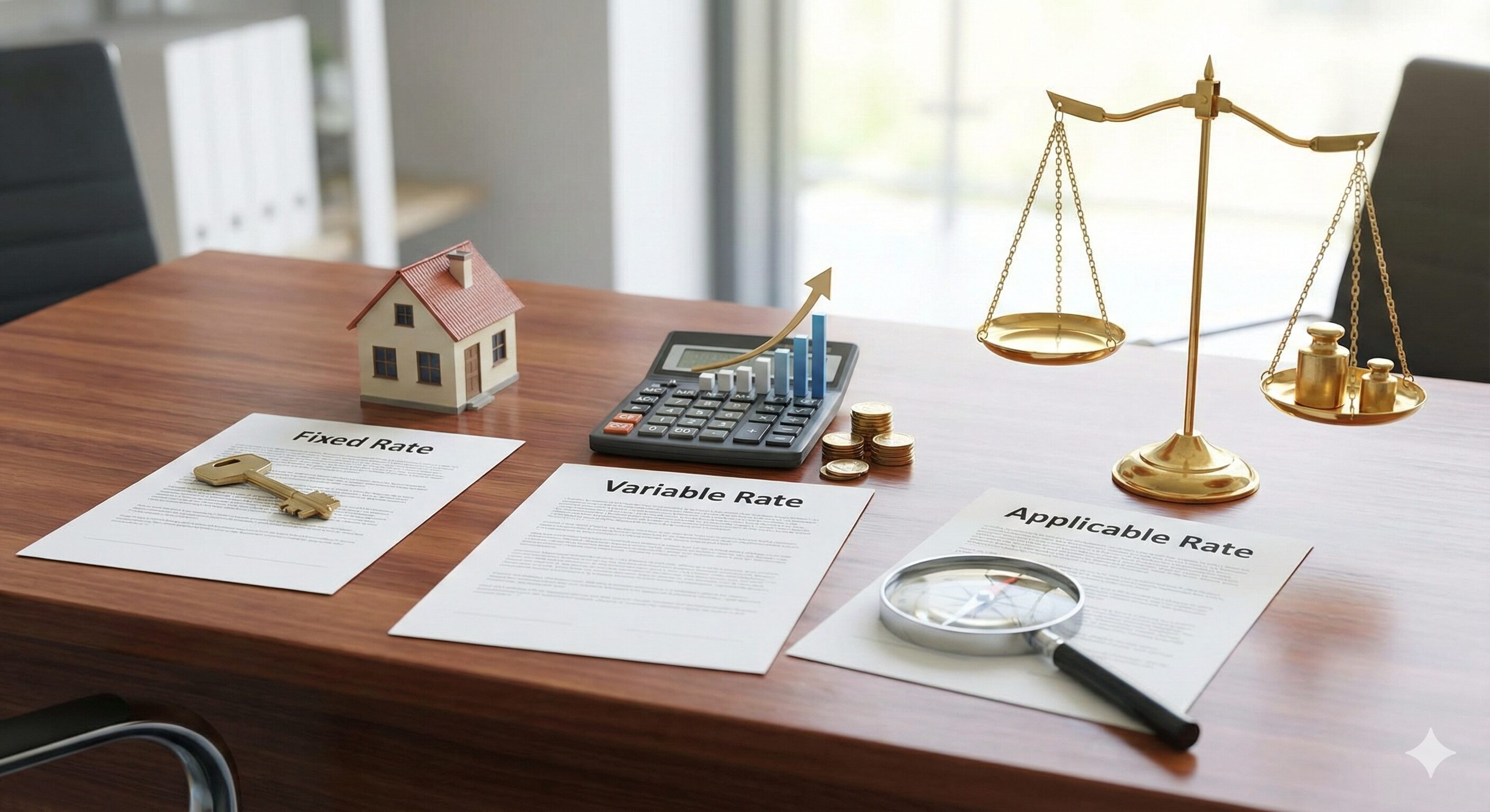 住宅ローンの金利タイプである固定金利、変動金利、適用金利を示す書類と、計算機、天秤、家の模型が置かれたデスクの様子。