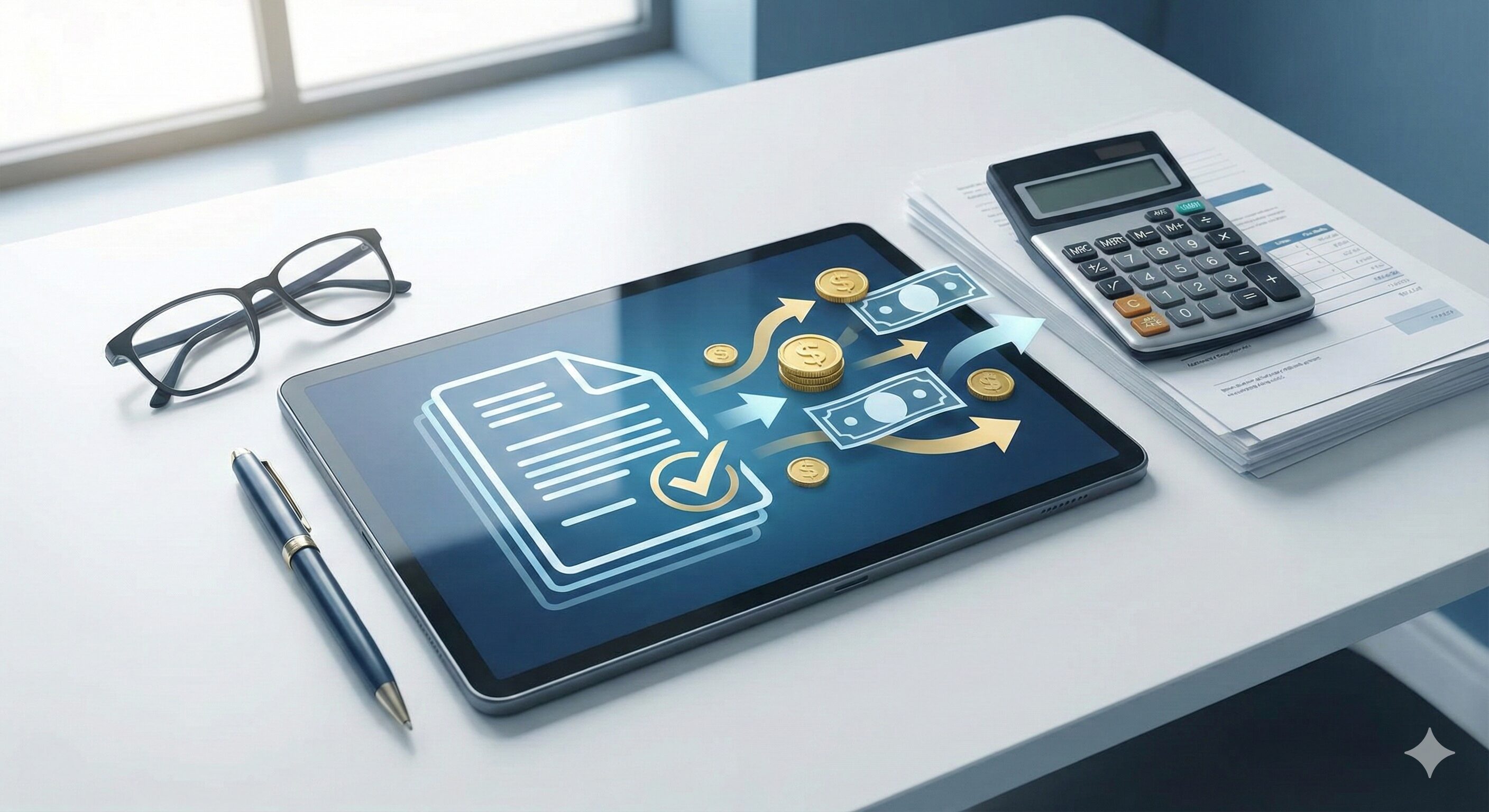 タブレットの画面に、チェックマーク付き書類から硬貨と紙幣が矢印で流れる図が表示されている。