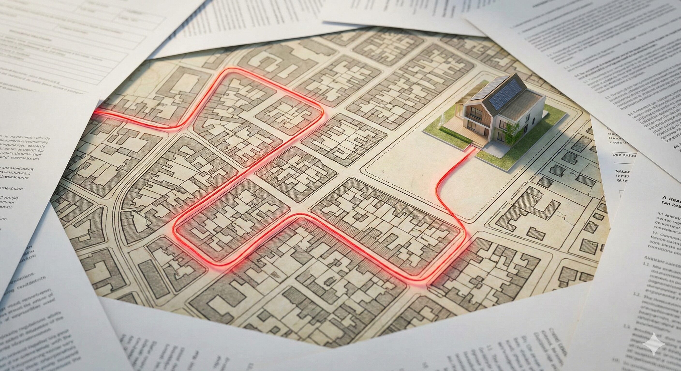 古い都市計画図上で、赤い光の線が複雑な規制の迷路を抜け、法的文書に囲まれた現代的な住宅模型へと至る様子。再建築不可物件の再建築への道のりを象徴。