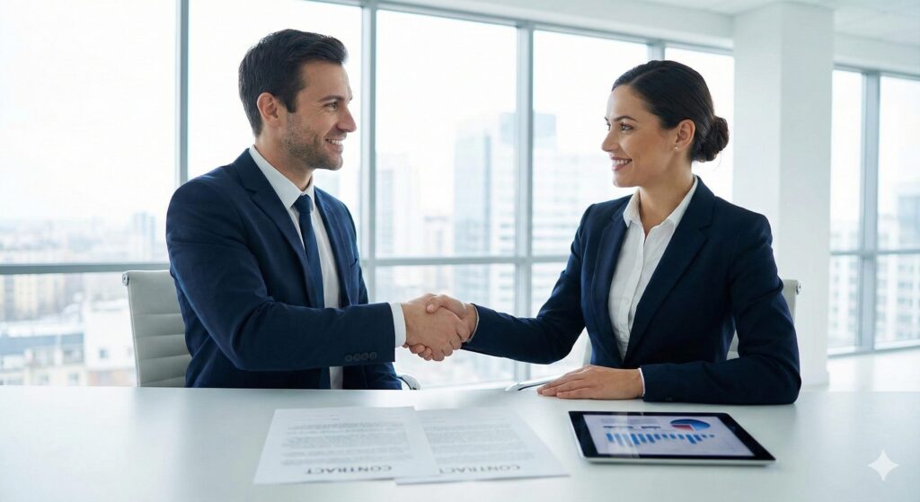 明るいオフィスでスーツを着た男性と女性が笑顔で握手を交わしている。テーブルには契約書とグラフが表示されたタブレットが置かれ、信頼できるビジネス契約が結ばれた様子。