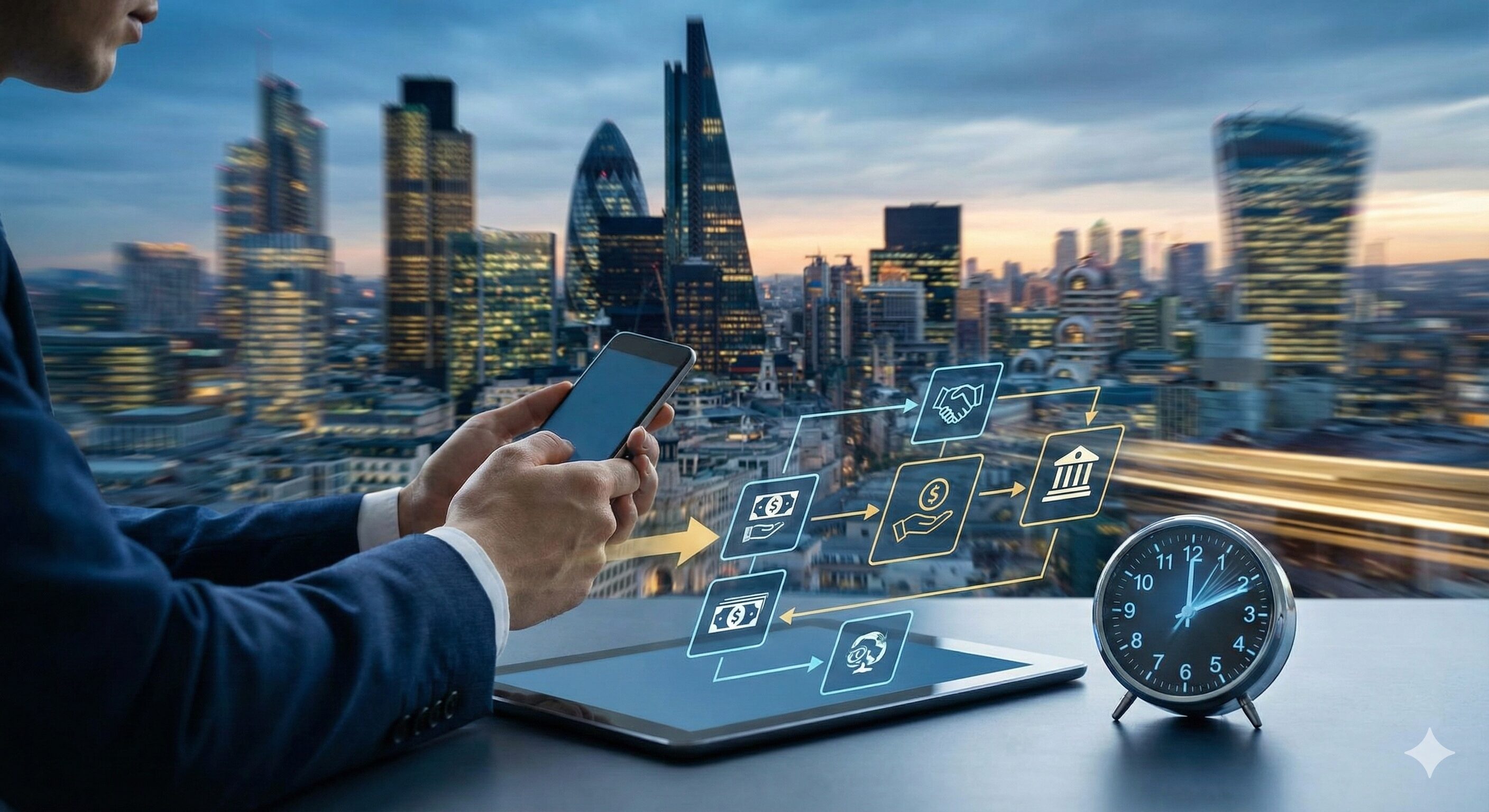 即日資金調達の方法を示すフローチャートを確認するビジネスマンと時計。