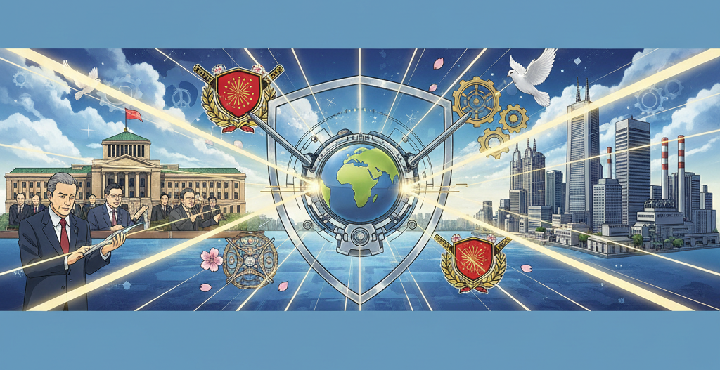 経済安保政策を象徴するアニメ調のイラスト。外交官や国会議事堂、地球を囲むシールド、都市の風景が描かれ、政治と経済の連携を表現しています