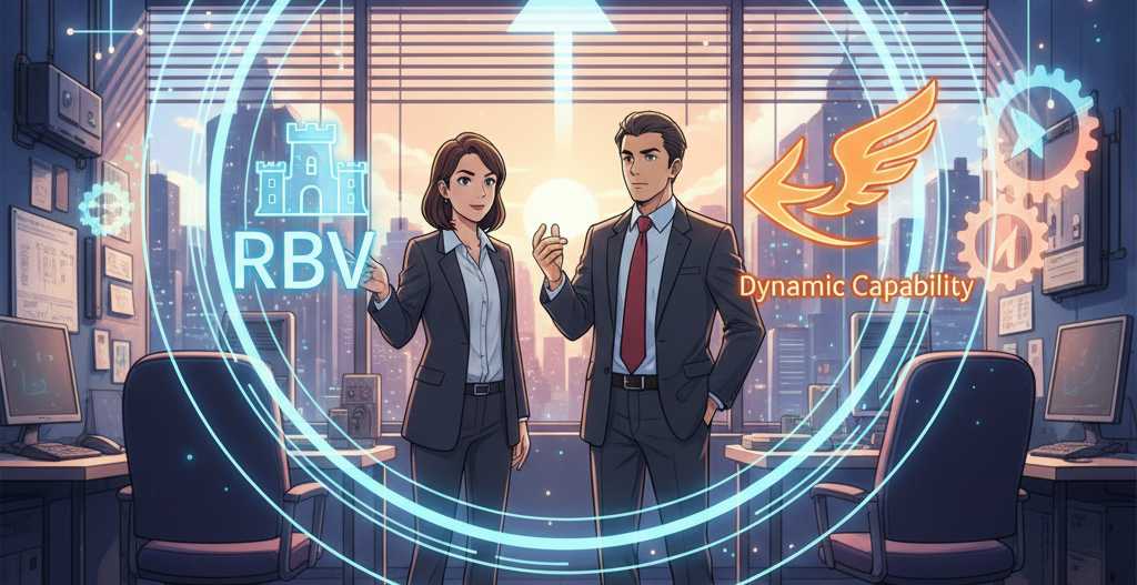 経営戦略を話し合うビジネスパーソンと、RBV、ダイナミック・ケイパビリティの概念を表現する未来的なホログラム