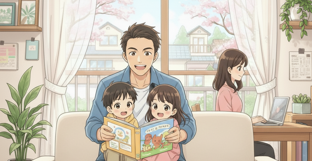 理想の家庭を築くため、リビングのソファで子供たちに絵本を読み聞かせる父親と、奥のデスクで仕事をする母親。仕事と趣味を両立する夫婦の豊かな人生設計を描く。