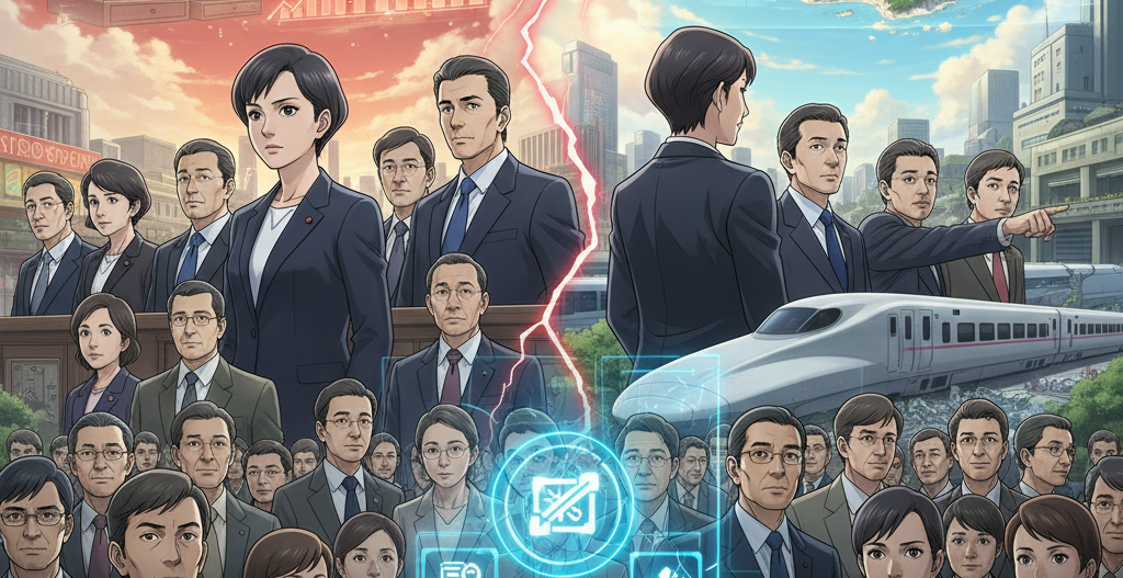 高市氏を想起させる女性政治家を中心に、日本の物価問題と安全保障のテーマを対比させたアニメ調のイラスト。左側は、渦巻く赤い経済指標やレジスターが物価高騰を示唆し、右側は、軍事施設や兵器が安全保障の緊迫感を表現している。両テーマの間には雷のような分割線があり、政治家たちがそれぞれ市民の前に立ち、日本の未来を見据えている様子が描かれている。