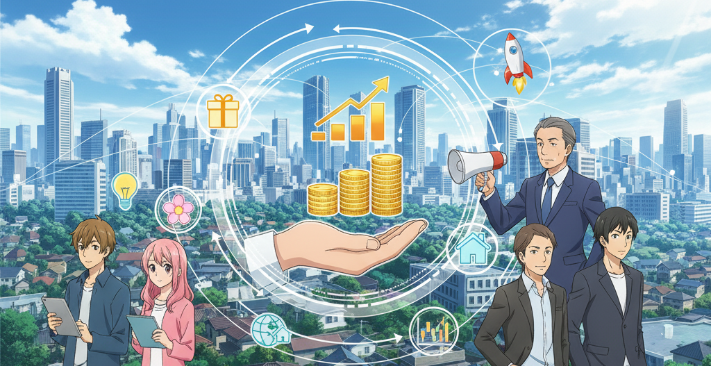 クラウドファンディングの様々な種類や資金調達の流れをイメージした、プロジェクト実行者たち。