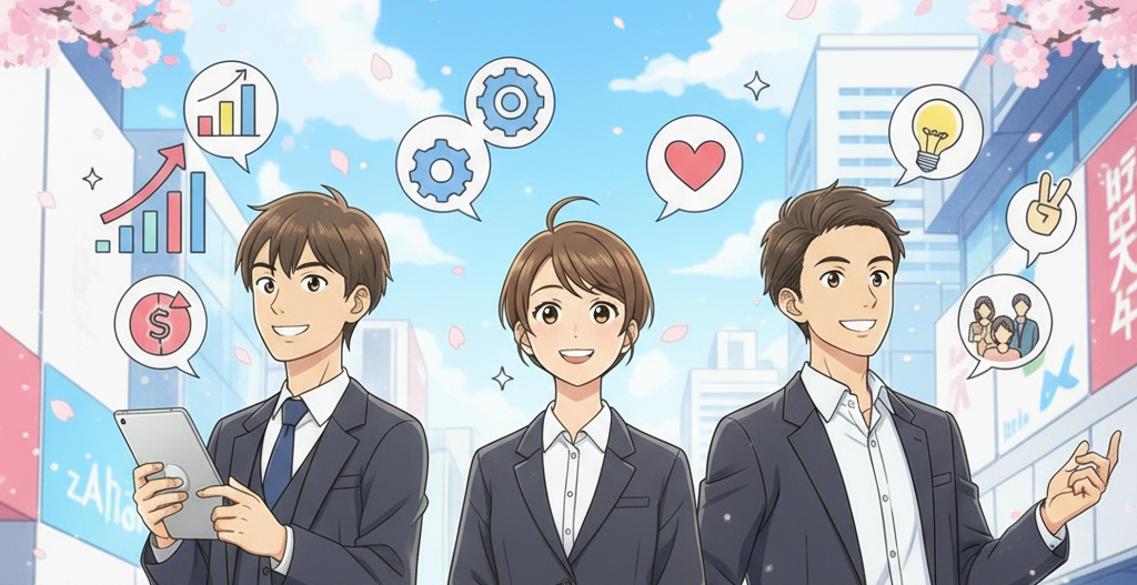 リクルートスーツ姿の3人の新卒学生が、未来への期待と変化する仕事観を象徴するアイコンとともに、希望に満ちた表情で立っている。